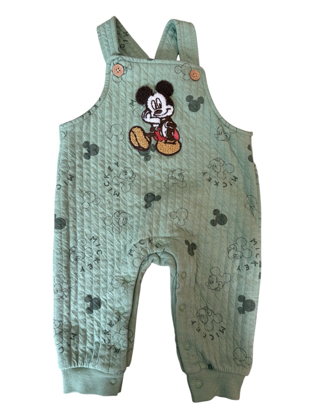 Disney Baby Mickey Mouse Sage Green Quilted Overalls Romper 3-6M Like New